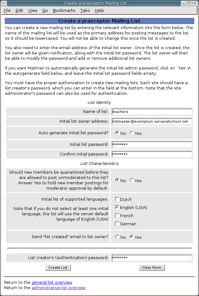 [ adding a mailing list via the web interface ]