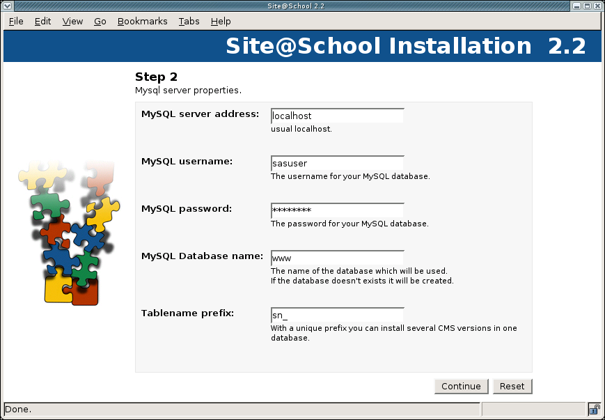 [ setting database server properties in the Site@School install script ]