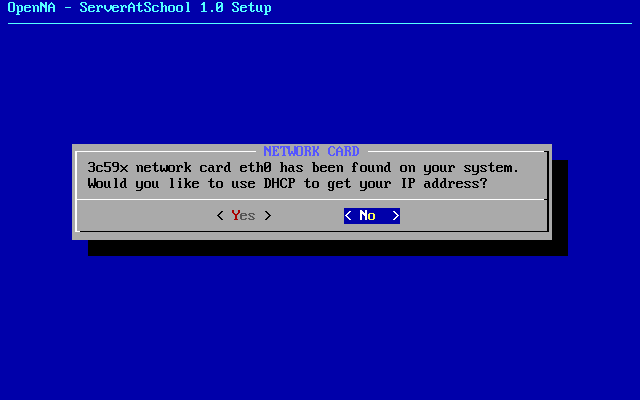 [ network card found for eth0. use dhcp? ]