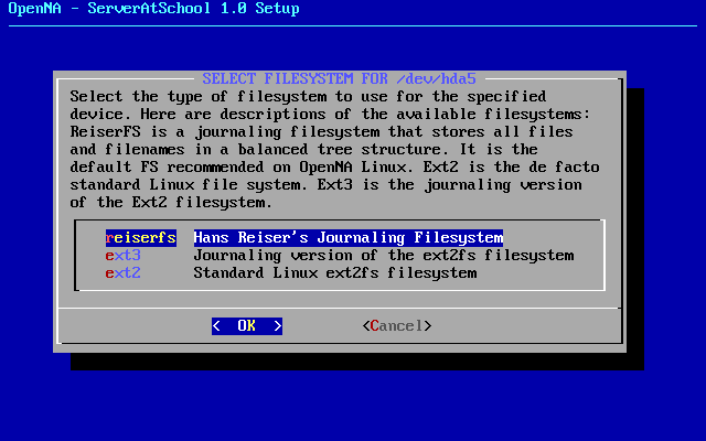 [ selecting ReiserFS as root filesystem ]