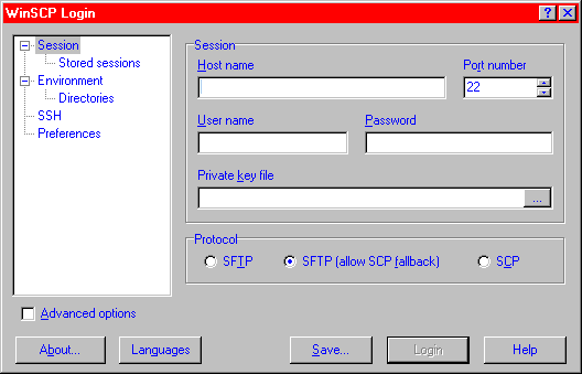 [ WinSCP opening screen at first start ]