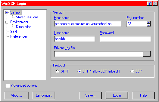 [ WinSCP login screen with session data entered ]