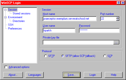 [ WinSCP login screen with session data entered including password ]