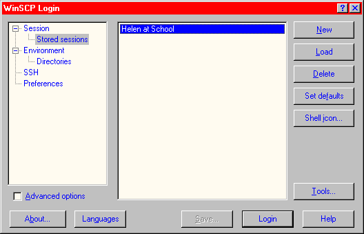 [ WinSCP list of stored sessions with 1 entry ]