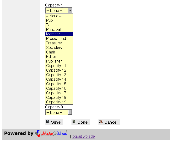 [ Page bottom. Drop down menu: capacity 1: Member selected ]