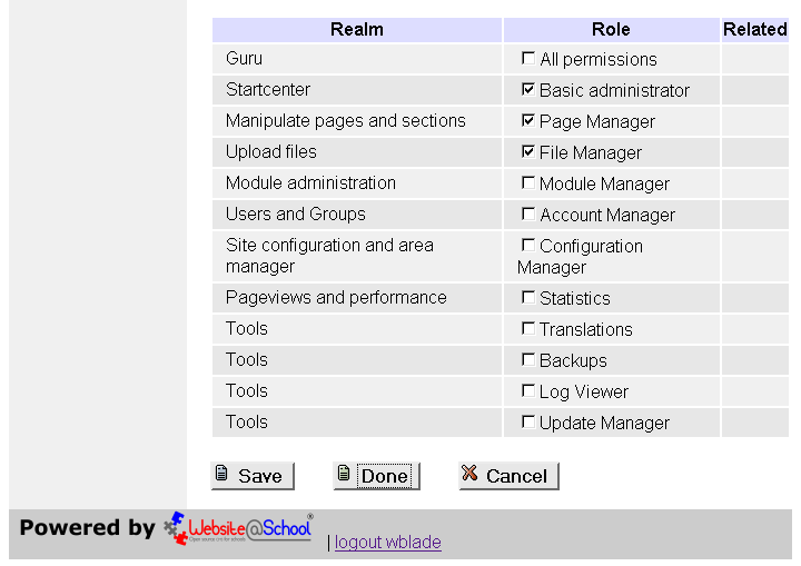 [ Administrator permissions: username (Full Name), checked: Basic administrator, Page Manager, File manager. Page bottom ]