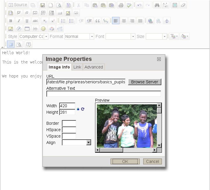 [ FCK editor maximized: Image Properties window with image ]