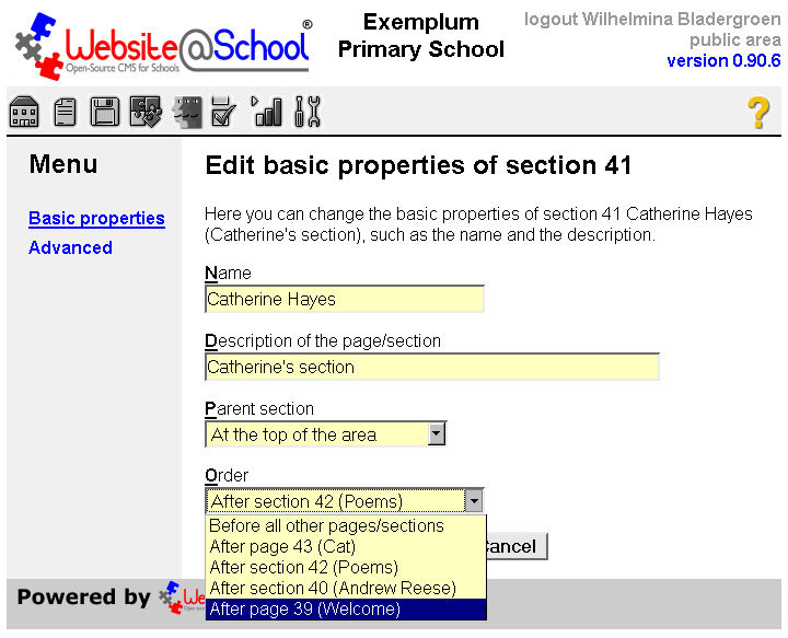 [ Page Manager: Edit basic properties of section n, dropdown menu: Order, opened on After page 34 (Welcome), ]