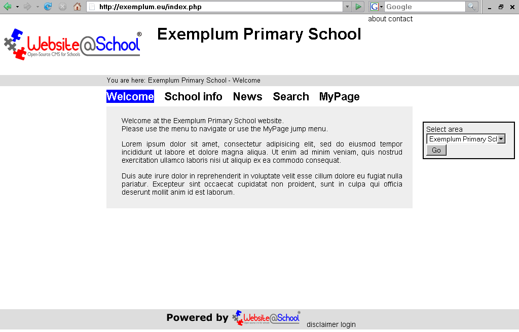 [ Exemplum Primary School website, demonstration data, welcome page ]