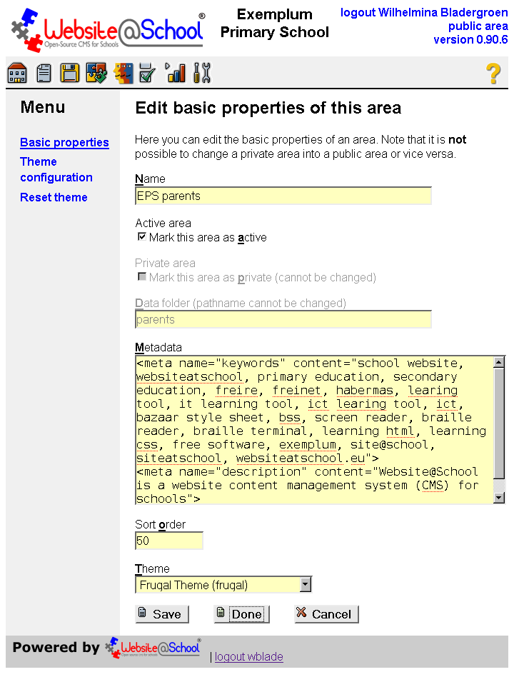 [ Edit basic properties of this area, entry fields ]