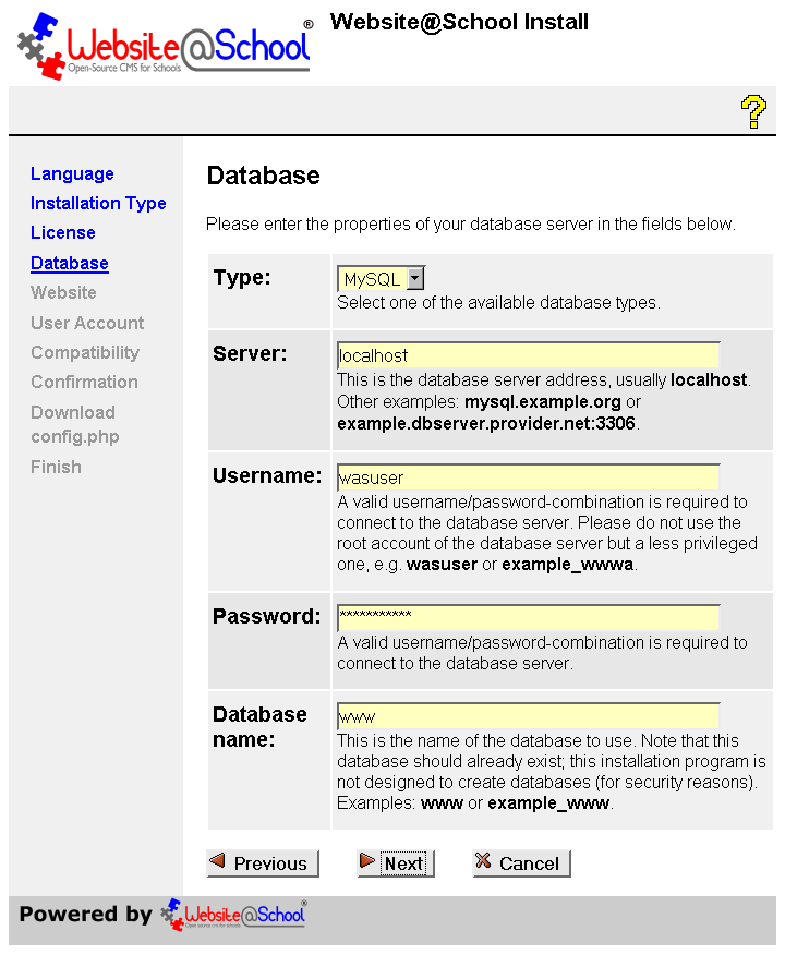 [ Database, drop down menu: type, entry fields ]