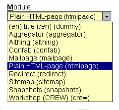 [ Page Manager: Add a page: module drop down menu ]