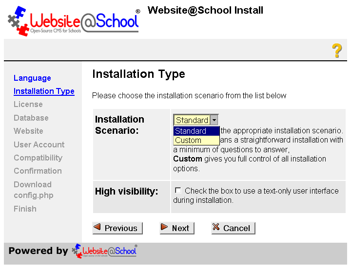 [ Installation type, dropdown menu: types, checkbox: high visibility ]