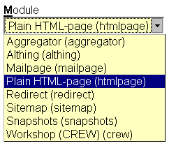 [ Module menu, 'Plain HTML-page (htmlpage)' selected ]