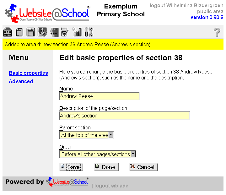 [ Edit basic properties of section n, entry fields ]