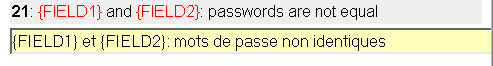 [ Numbered sentence (English) with translaton in entry field (French), texts in red ]