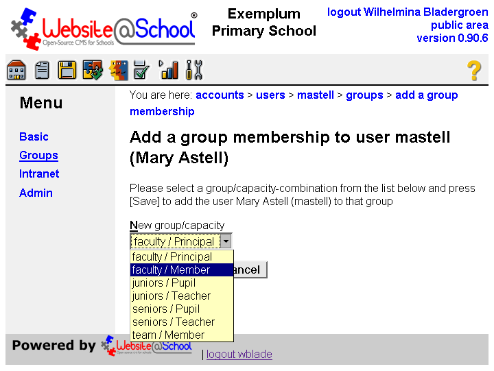 [Добавяне на членство в група за Потребител потребителско име (пълно име), падащо меню: нова група/качество: учителски състав/член избран]