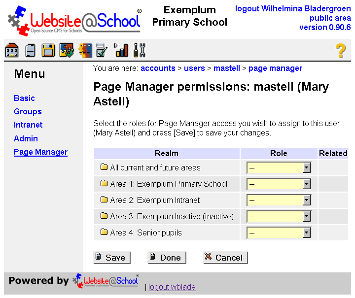 [ Page M manager permissions: username (Full Name), drop down menus ]