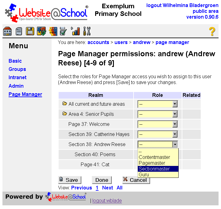 [ Account Manager: Page Manager permissions: andrew: (Andrew Reese). Dropdown menu: section Andrew Reese: Sectionmaster ]