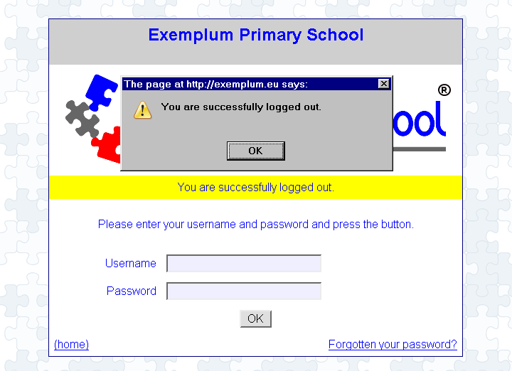[ Exemplum Primary School, logout page: Message= success, pop up: success ]