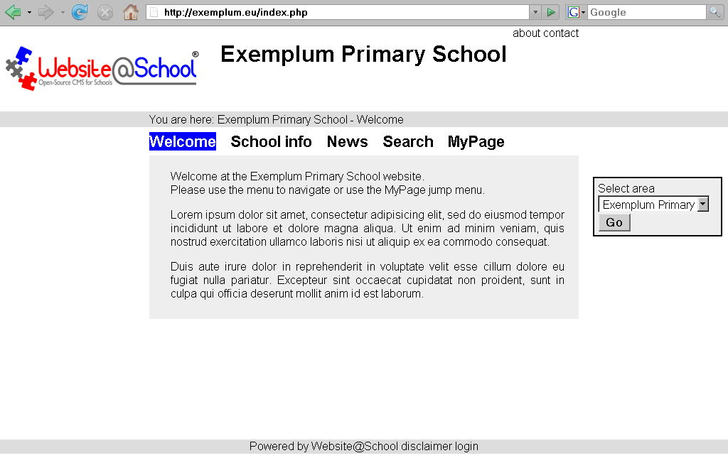 [ Exemplum Primary School website, demonstration data, welcome page ]