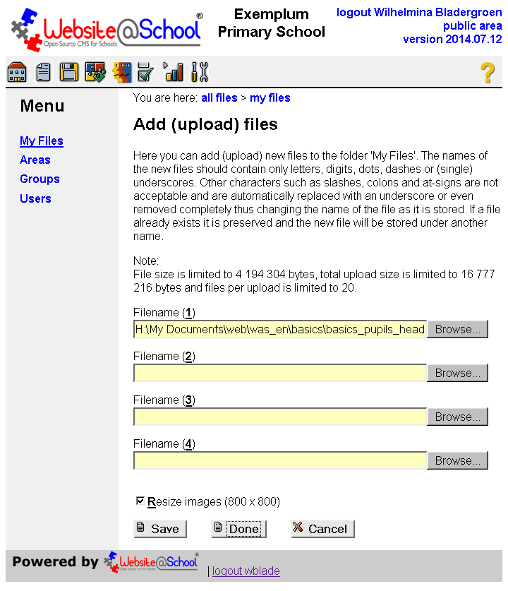 [ Add (upload) files, file path entered in Filename (1) ]