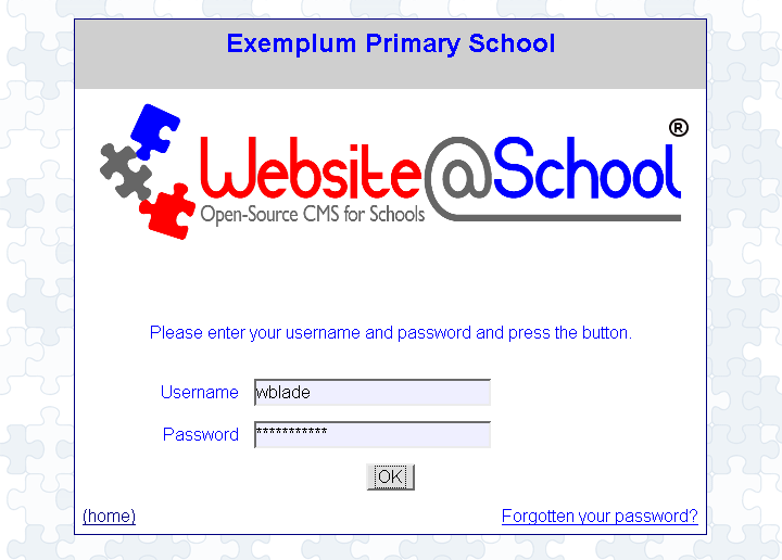 [ Exemplum Primary School, login page. username 'name', password ******** ]