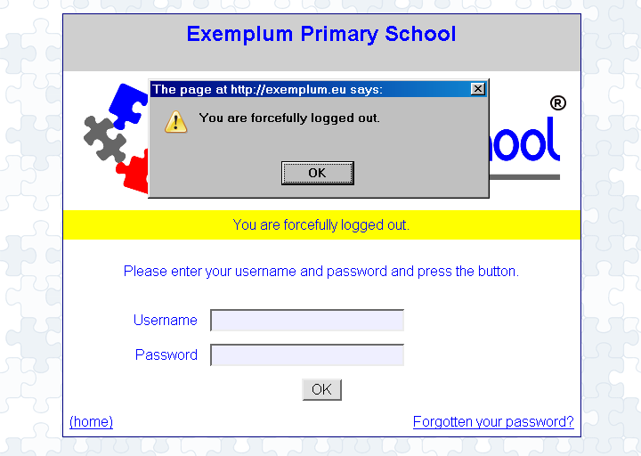 [ Exemplum Primary School, pop up: forcefully logged out, message= forcefully logged out ]