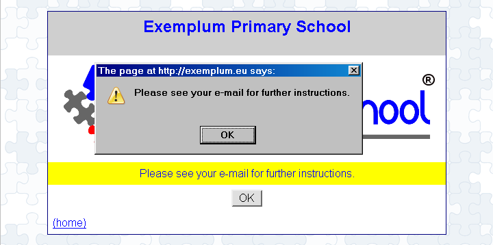 [ Exemplum Primary School, pop up: see email, see email, message= see email ]