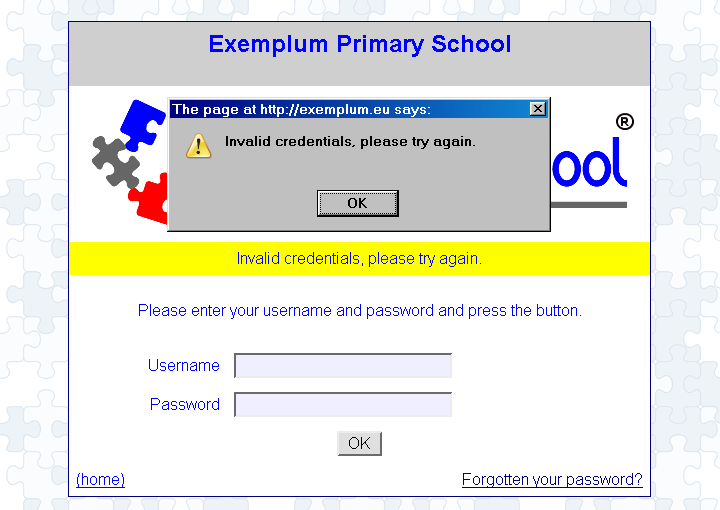 [ Exemplum Primary School, pop up: invalid creentioals, message= invalid credentials ]