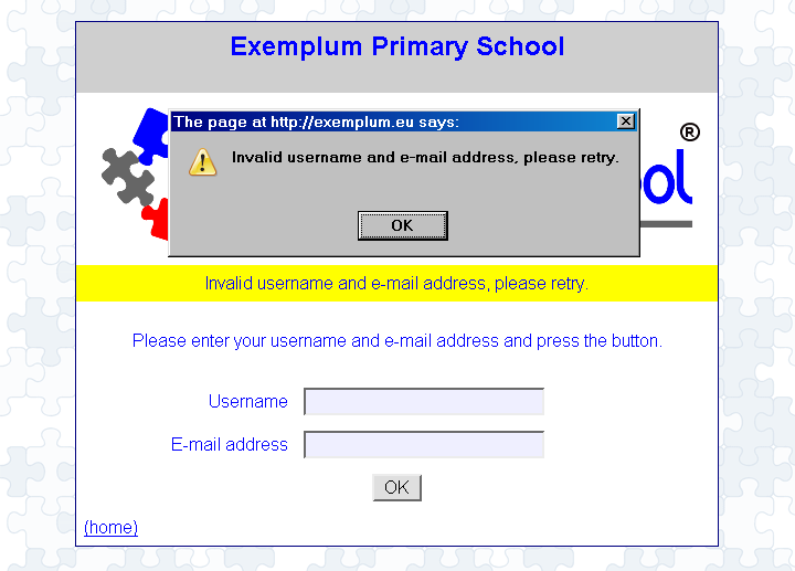[ Exemplum Primary School, pop up: invalid username, messge=invalid username ]