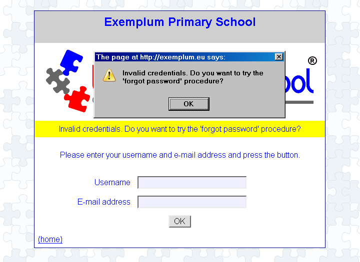 [ Exemplum Primary School, pop up: invalid credentials, message= invalid credentials ]