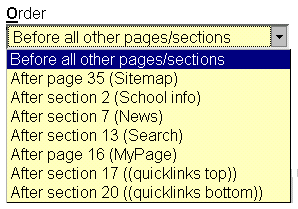 [ Order menu, 'Before all other pages/sections' selected ]