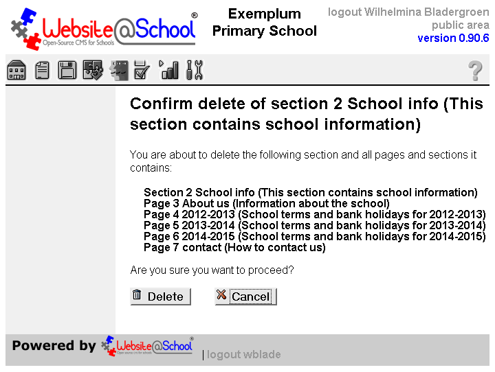 [ Confirm delete of section n Section name (Description), list of pages ]