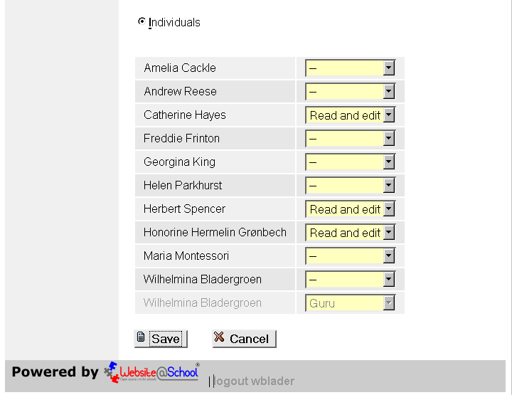 [ CREW page configuration page visibility: individueals, wilhelmina's view ]