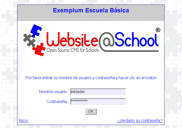  Exemplum Escuela Básica, página de iniciar la sesión: nombre de usuario: wblader, contraseña: *********** ]