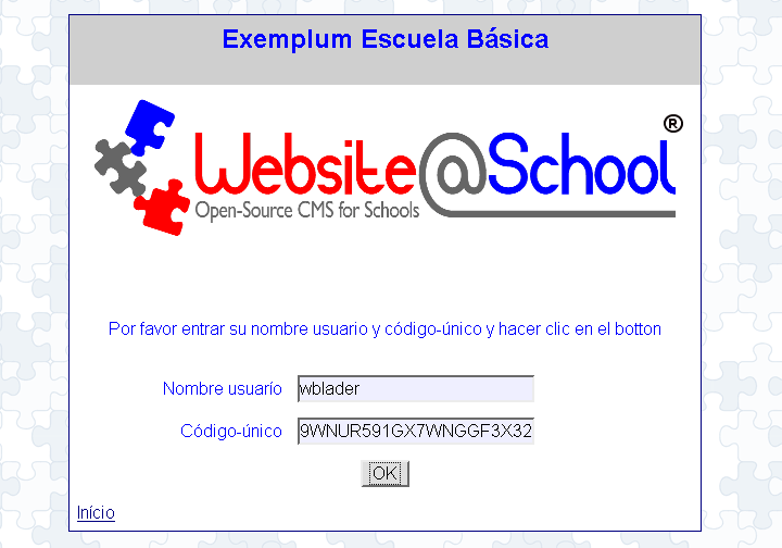 [ Exemplum Primary School, username 'user', one time code X8X...JLY ]