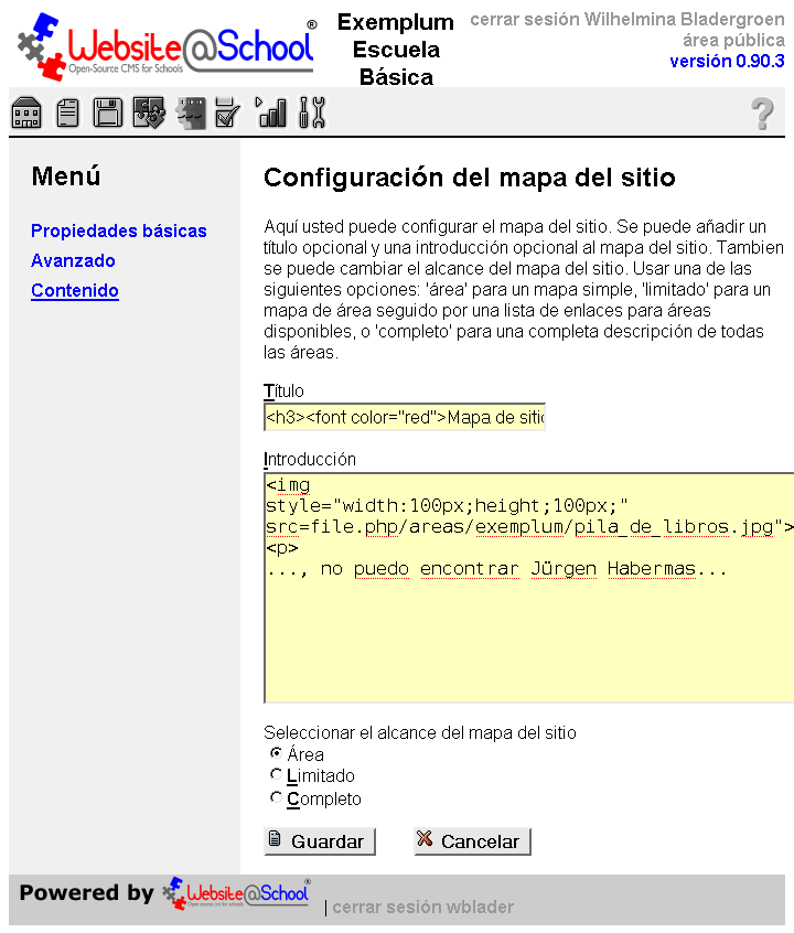 [ Configuración de mapa del sitio, campos de entrada ]