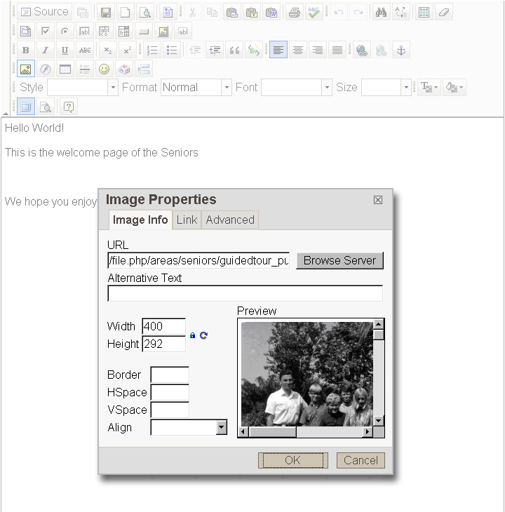 [ FCK editor maximized: Image Properties window with image ]