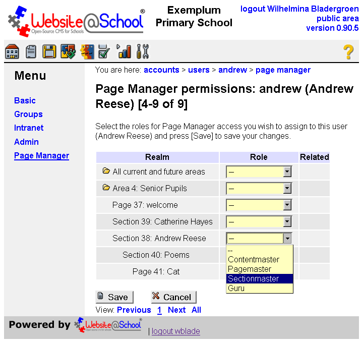 [ Account Manager: Page Manager permissions: andrew: (Andrew Reese). Dropdown menu: section Andrew Reese: Sectionmaster ]