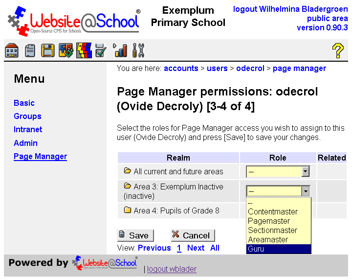 [ Page Manager permissions: username (Full Name) [nn-nn of nn], drop down menus: Role: Area 3: Guru selected ]