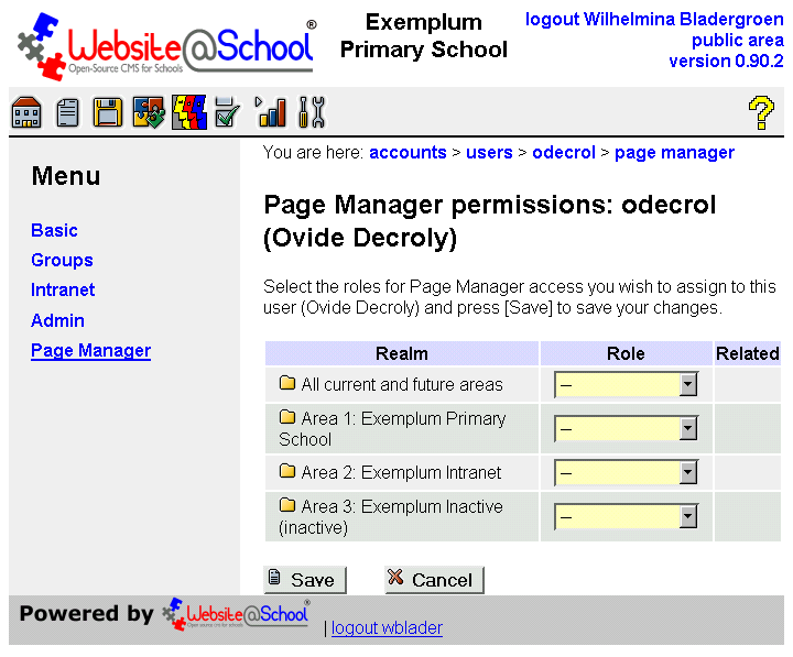 [ Page M manager permissions: username (Full Name), drop down menus ]