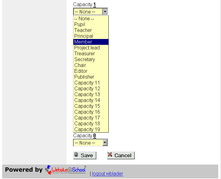 [ Page bottom. Drop down menu: capacity 1: Member selected ]