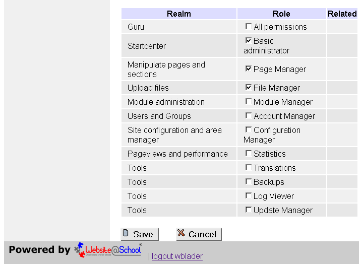 [ Administrator permissions: username (Full Name), checked: Basic administrator, Page Manager, File manager. Page bottom ]