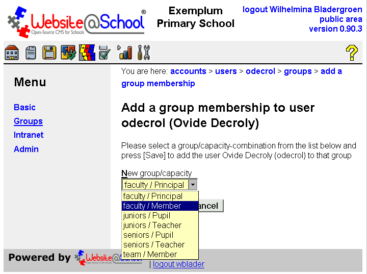 [ Add a group membership to user username (Full Name), drop down menu: New group/capacity: faculty/Member selected ]