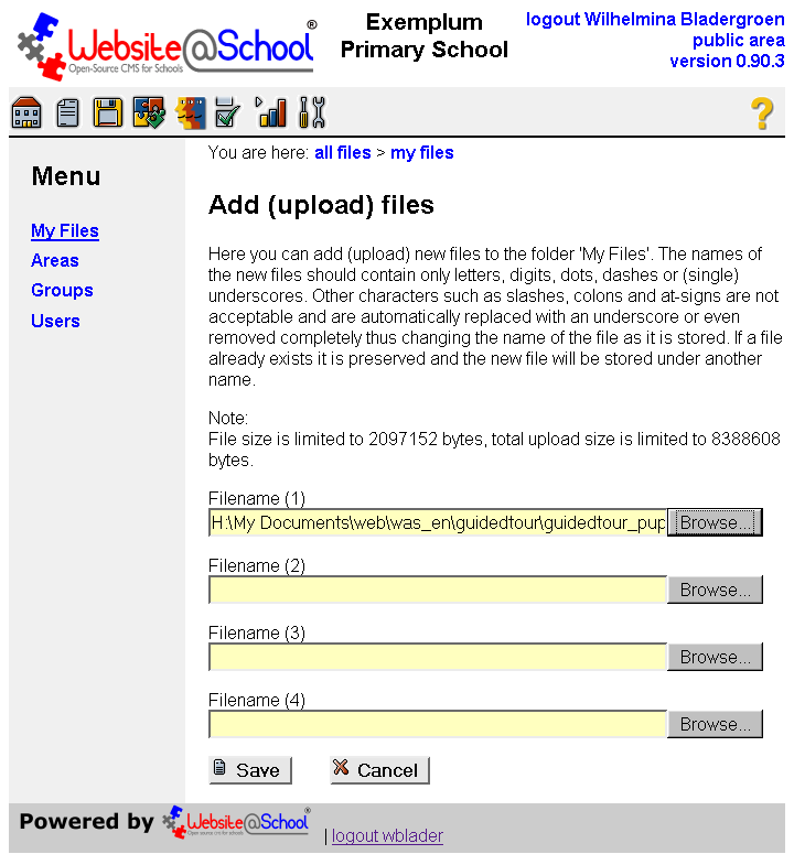 [ Add (upload) files, file path entered in Filename (1) ]