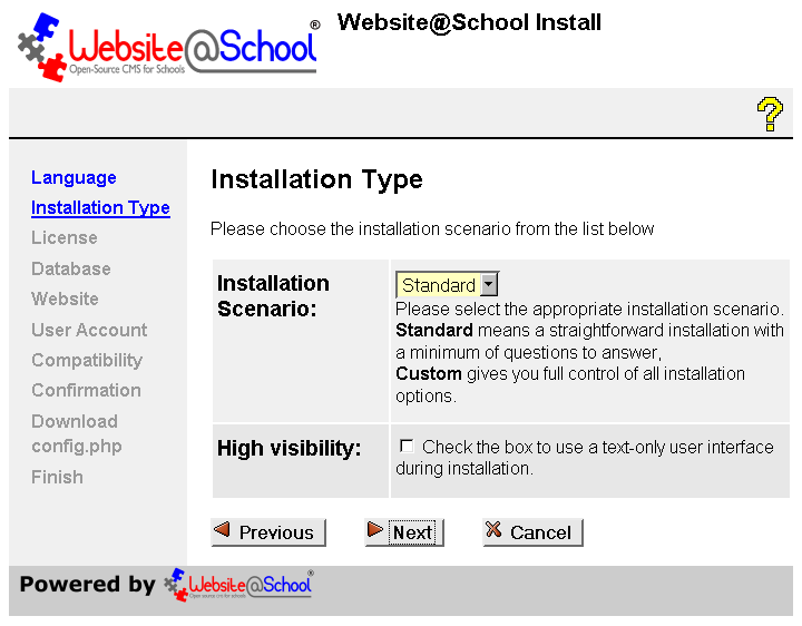 [ Installation type, dropdown menu: types, checkbox: high visibility ]