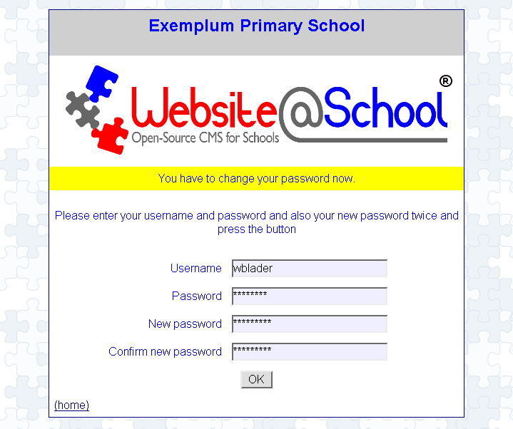 [ Exemplum Primary School, username name, password ******, new password *******, confirm new password ******* ]