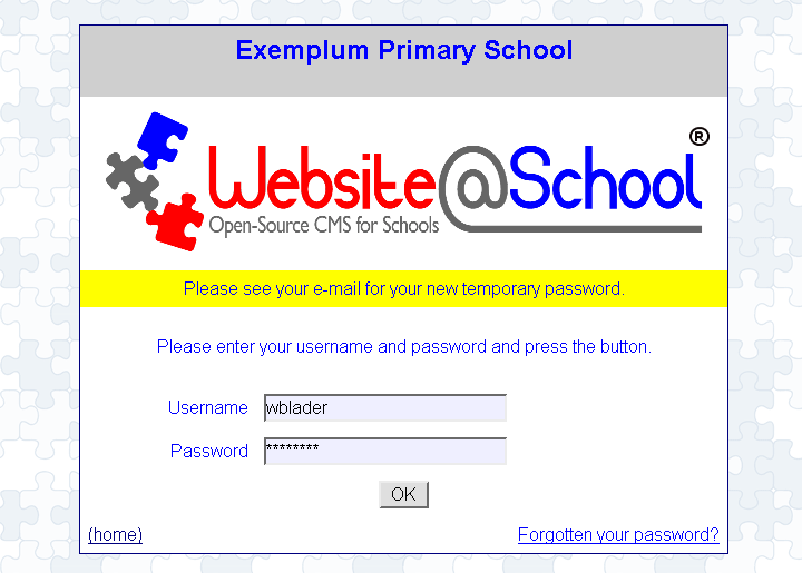 [ Exemplum Primary School, username name, password *******, message= see e-mail ]