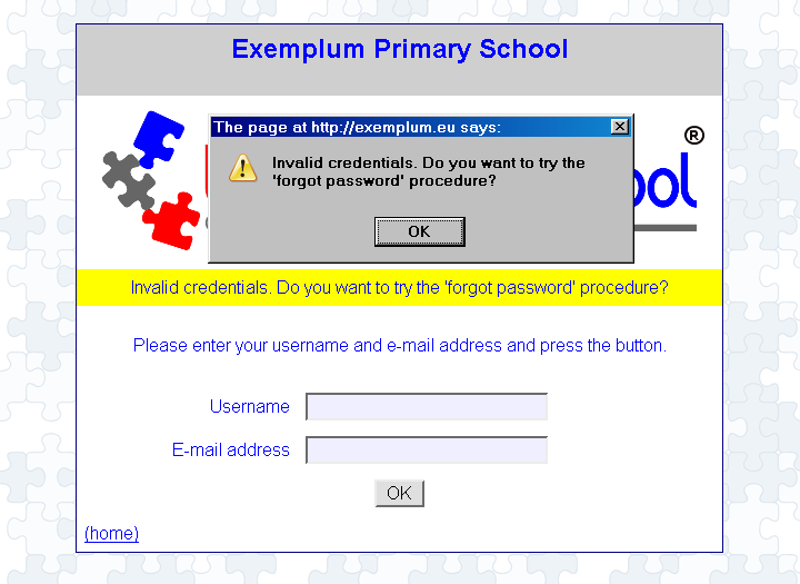 [ Exemplum Primary School, pop up: invalid credentials, message=  invalid credentials ]